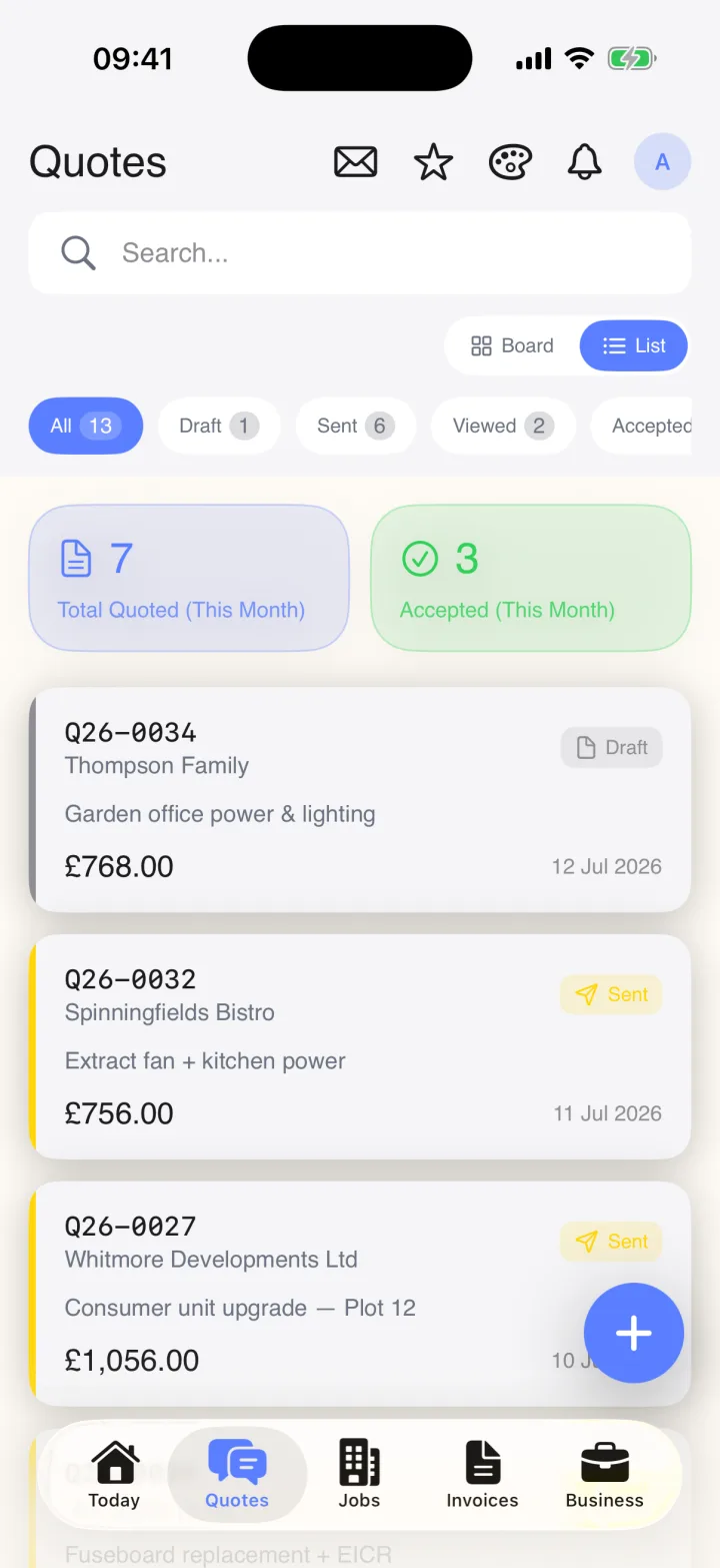 Traddie quotes list with accepted and sent quotes