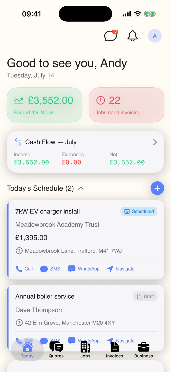 Traddie app dashboard showing this week's earnings, cash flow and today's jobs